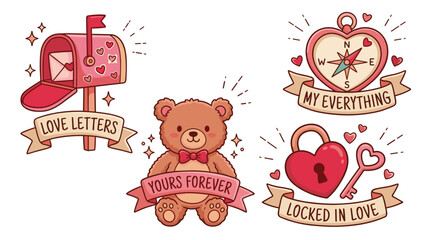 Obraz premium Cute Valentine's Day sticker set with teddy bear, love letters, heart compass and lock illustrations