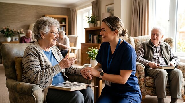 Caring nurse converses with smiling elderly woman in cozy assisted living room