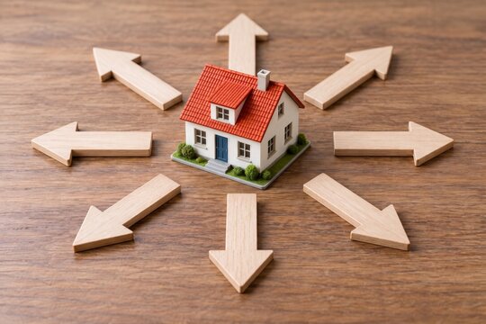 Miniature house model surrounded by wooden arrows pointing outward on wood surface, real estate expansion concept
