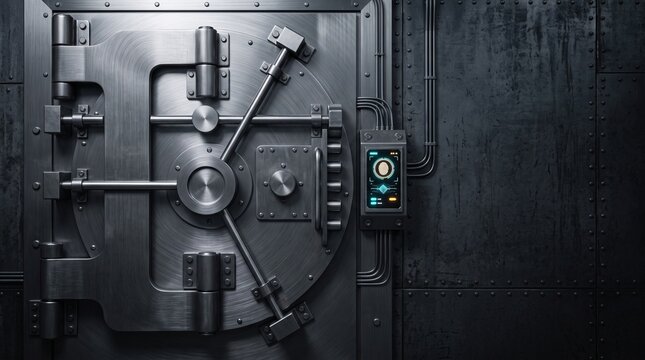 Thick brushed titanium air gapped vault door with glowing digital interface