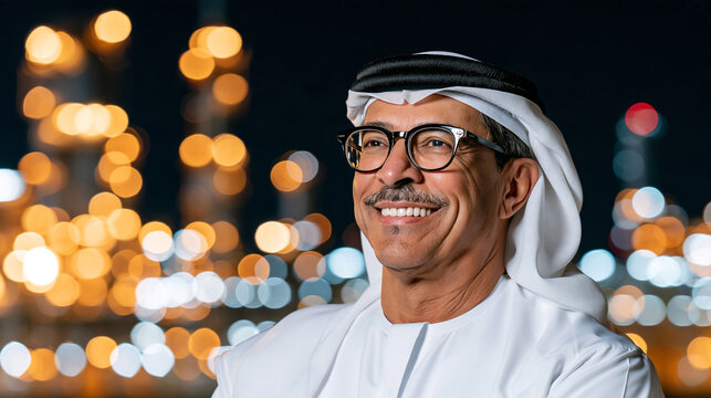 Portrait of a smiling middle eastern man in traditional white thobe and ghutra headwear at night