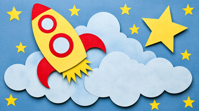 Handmade paper craft rocket flying through clouds with yellow stars on blue background