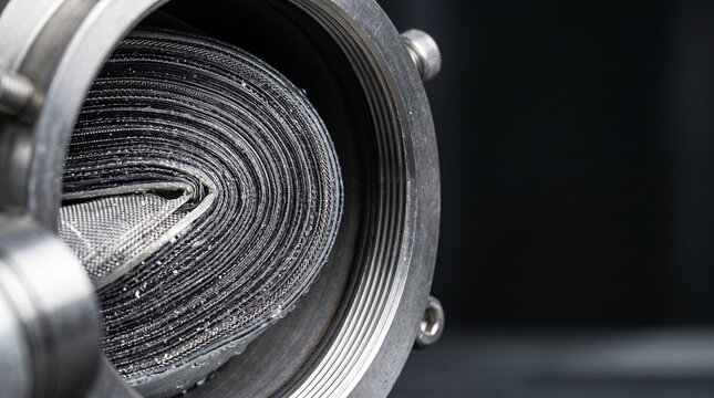 Interior view of reverse osmosis desalination tube containing wrapped graphene filtration sheets