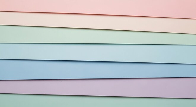Stack of pastel colored paper sheets arranged in horizontal parallel layers for background texture