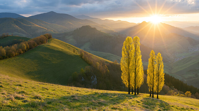 Golden sunset light illuminating yellow autumn trees on a rolling hillside with rolling hills