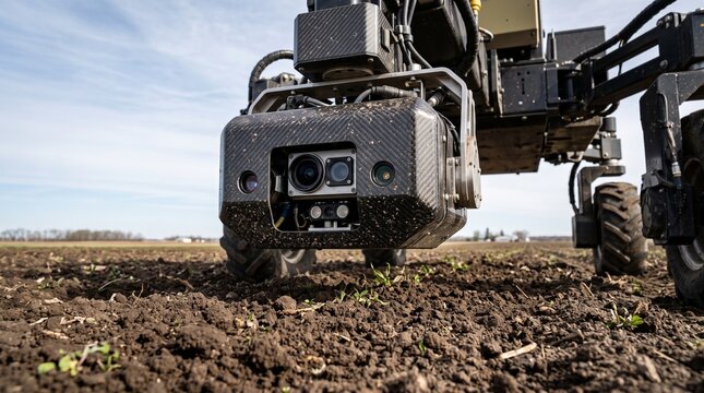 Agricultural robot laser weeding module positioned over rich soil in farmland