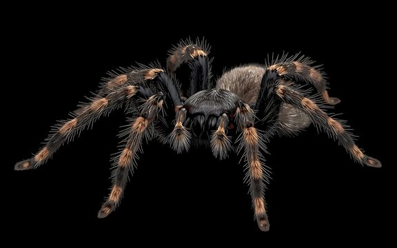 Hairy Black Tarantula Spider with Eight Legs Isolated on a Dark Background