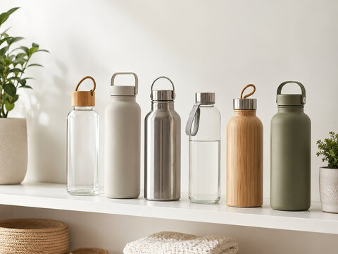 Water bottles &ndash; glass, stainless steel, and bamboo &ndash; are neatly arranged on a white shelf against a grey wall.