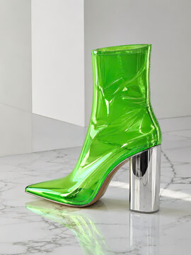 A single green ankle boot rests on a white marble surface, reflecting bright light and creating a glossy effect.