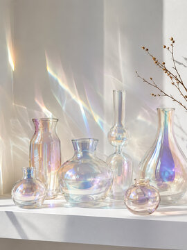 Six iridescent glass vases of varying sizes are arranged on a white shelf, reflecting a rainbow of pink, blue, and gold hues due to strong, colorful light patterns.