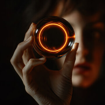 A person rotates a dark brown spherical glass object, generating a warm orange glow within its surface.