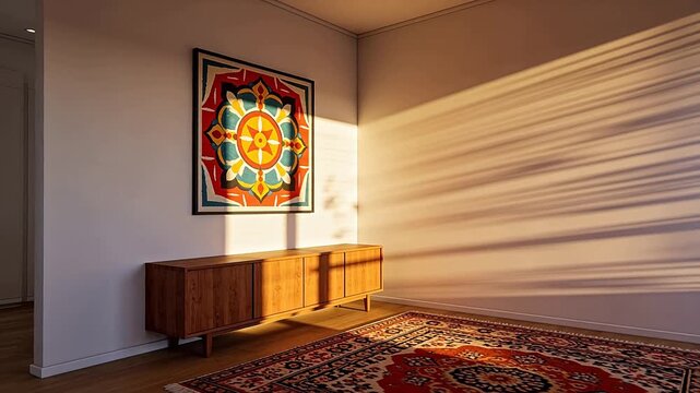 Modern living room corner with colorful abstract wall art and sunlight shadows