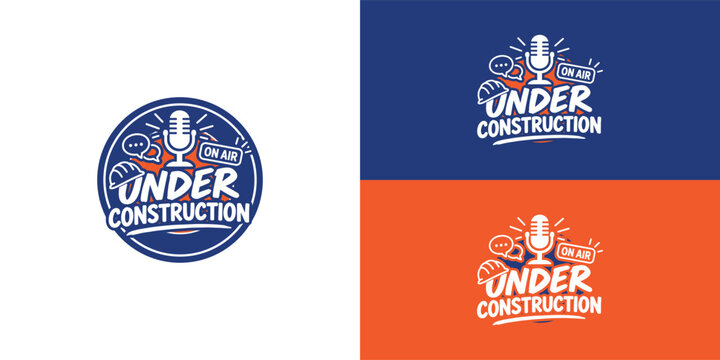 A circular logo in blue and orange featuring a microphone, speech bubbles, and a hard hat. It is specifically designed as a logo for an employee engagement podcast for corporate use.