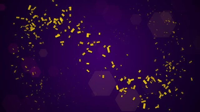 Abstract deep purple amethyst background with swirling golden confetti and hexagon bokeh. This seamless motion graphic loop is perfect for luxury award or celebration video designs.