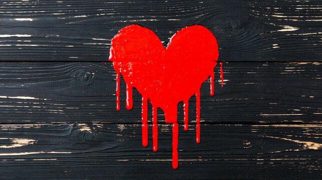 Red heart symbol with paint drips on a black rustic wooden plank background