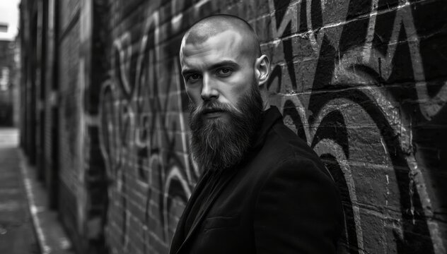 A bearded man with a shaved head leans against a graffiti-covered brick wall in a narrow urban alley, staring intensely at the camera in this black and white photo.