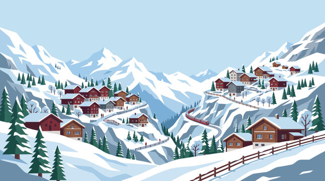 Serene flat vector illustration of snow covered Swiss mountain village with wooden chalets and red alpine train under clear sky