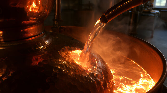 Copper Still Glowing Softly During A Small-Batch Distillation