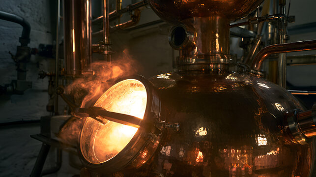 Copper Still Glowing Softly During A Small-Batch Distillation