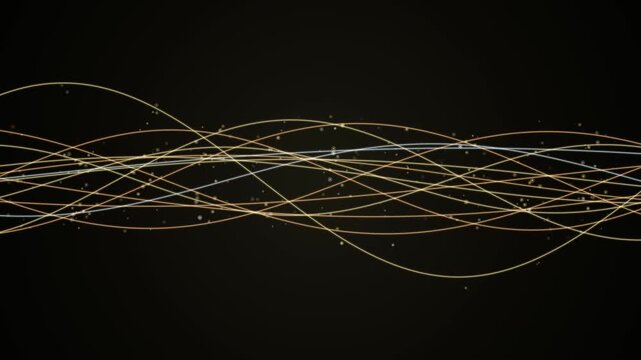 Abstract dark background with glowing gold and silver fiber optic wave lines. This seamless motion graphic loop is perfect for modern technology or elegant corporate video designs.