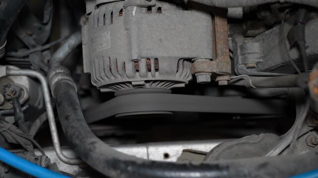 A close-up shot of a car alternator housing and a serpentine accessory drive belt running on its pulley inside the engine bay.