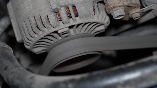 A close-up shot of a car alternator housing and a serpentine accessory drive belt running on its pulley inside the engine bay.