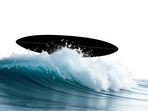 Shattered waves on a white background create a stunning silhouette of a black surfboard with two white stringers, dark, reflective