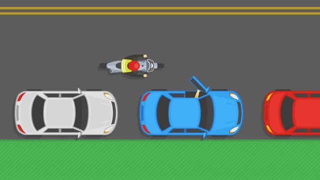 Top-down vector animation of a dangerous traffic situation where a car driver abruptly opens a door in front of an approaching motorcycle rider, causing an accident hazard.