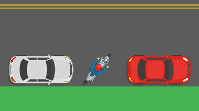 Flat vector graphic and top-down animation illustrating road safety rules (top-down view). Video shows a motorcyclist using proper angle and positioning on a road, yielding to a moving vehicle. 