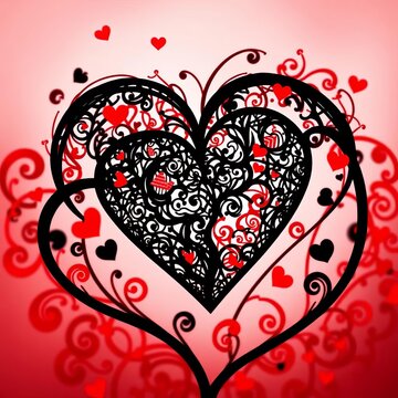 Silhouette of intertwined black and red hearts with intricate patterns, design element, ||black