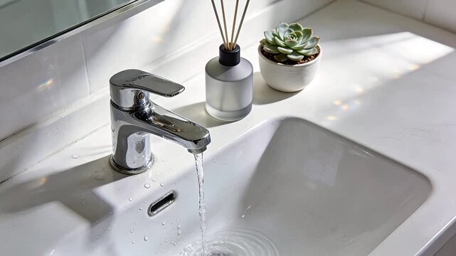 Bathroom sink with running water and aromatherapy bottle