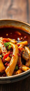 Spicy stir-fried tianmu mountain bamboo shoots with soy sauce and chili flakes, tianmu mountain, linan traditional chinese vegetable dish