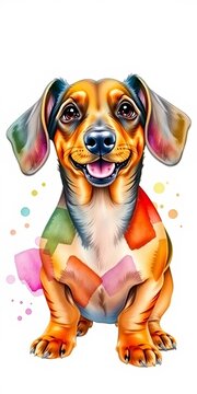 Vibrant watercolor illustration of a playful dachshund dog isolated on white background, pet, small