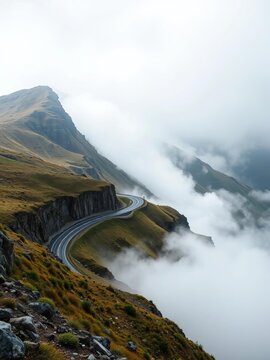 Winding road hugs mountain flank as it disappears into mist, nature, wilderness