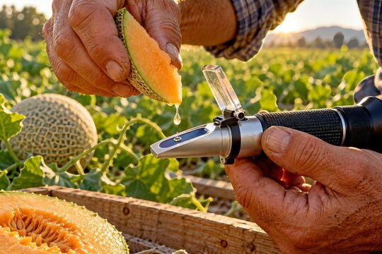 Farmer Testing Melon Juice Sugar Content with Handheld Refractometer in Field