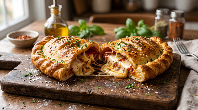 Freshly baked pizza calzone cut open on a wooden cutting board with baked food