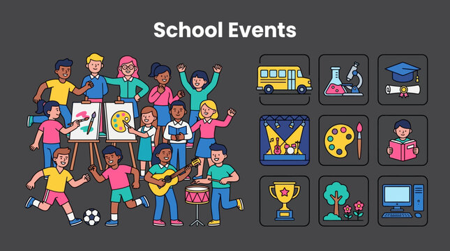 Vibrant School Activities Illustration featuring diverse students in art, music, and sports, ideal for educational posters and academic brochures.