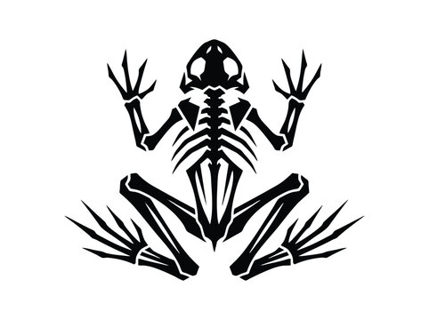 Stylized frog skeleton vector icon, black and white amphibian bone structure, minimalist toad skeletal anatomy silhouette for biology and gothic design