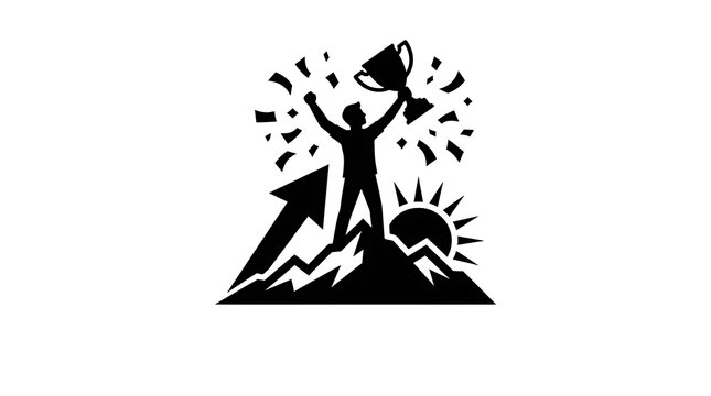Silhouette of a winner holding trophy atop mountain peak with rising sun and upward arrow symbolizing achievement