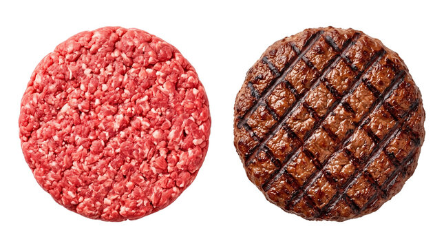 Raw ground beef patty next to a grilled cooked burger patty with barbecue culinary background preparation delicious composition contrast comparison as transparent PNG
