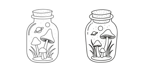 Mushroom Terrarium Jar Icon Set With Cosmic Vector Illustration Design © MdShafiqul