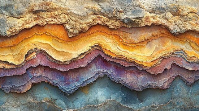 Abstract Geological Layers Of Colorful Mineral Stone With Textured Waves Of Gold And Purple