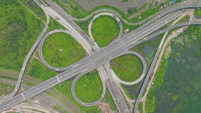drone shot of JNPT Highway Cloverleaf Interchange,
JNPT Highway Road Junction