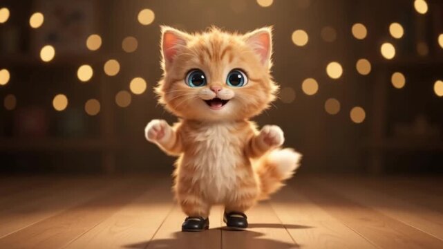Cute ginger kitten wearing black shoes dancing on wooden floor with warm bokeh lights background