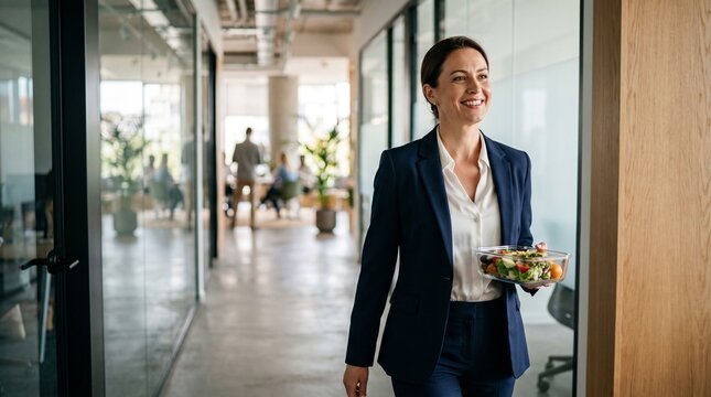 Businesswoman Holding a Healthy Salad in a Glass Container While Walking Through a Bright Corporate Office Hallway During a Lunch Break