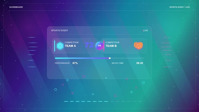 Abstract digital sports interface with live competitive team performance metrics and data visualization elements for modern broadcast