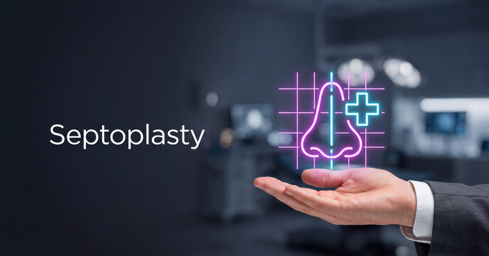 Medical concept showcasing septoplasty procedure surgery with glowing neon nose graphic held by business professional hand inside dark hospital setting