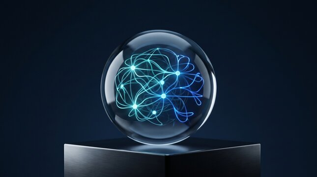 Clear glass sphere containing glowing neural network nodes resting on dark pedestal representing artificial intelligence and quantum computing concept