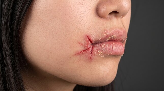 Close up of severe angular cheilitis with cracked bleeding lip corner and dry skin