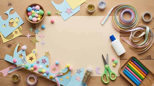 Colorful Children's Craft Supplies and Art Materials Arranged in a Circle on a Beige Background